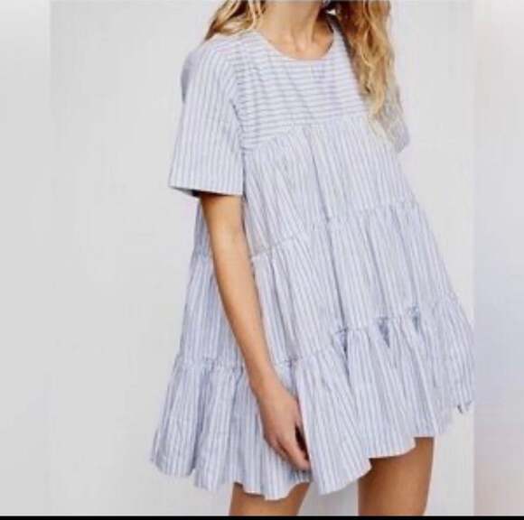 Free People Dresses & Skirts - Free People Blue Stripe Babydoll Mini Dress Tiered Short Sleeve Size M NWT